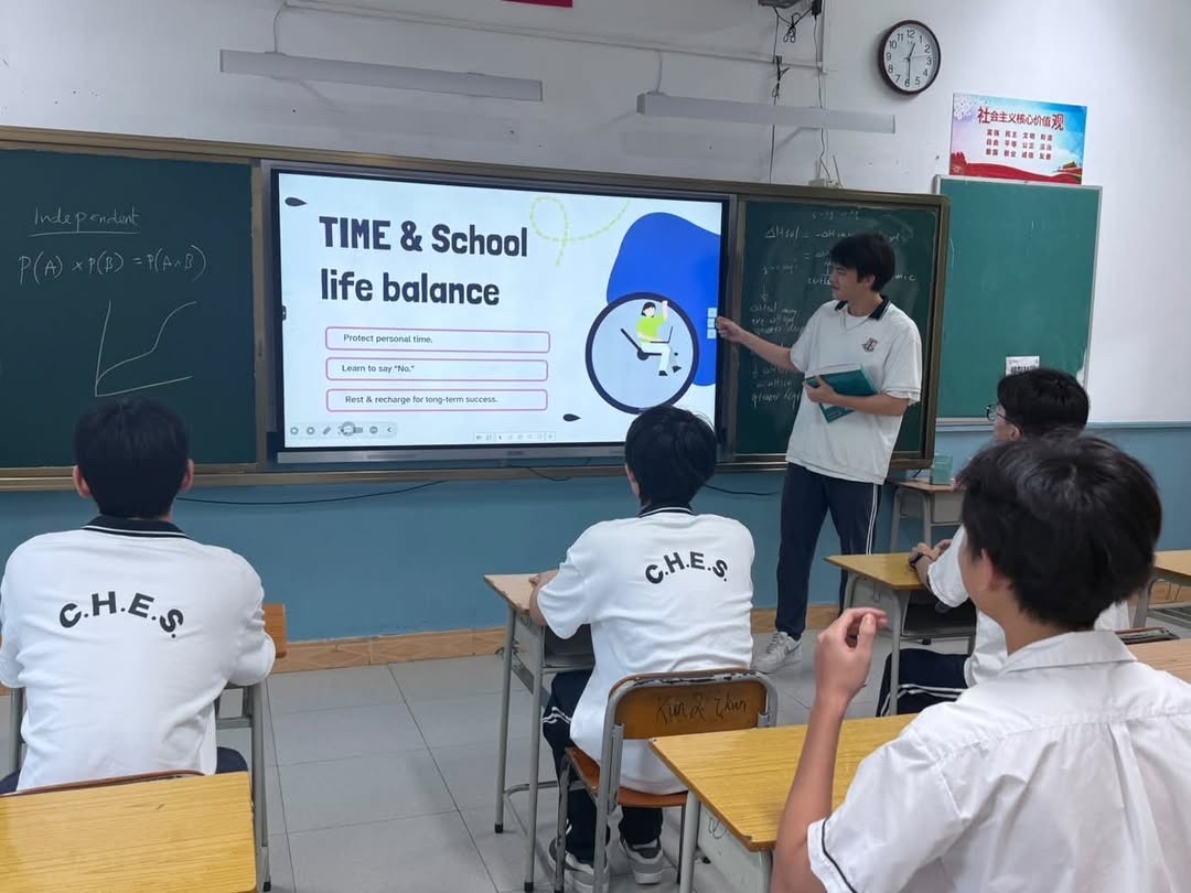 Discussing school-life balance during the Guangdong chapter meeting.