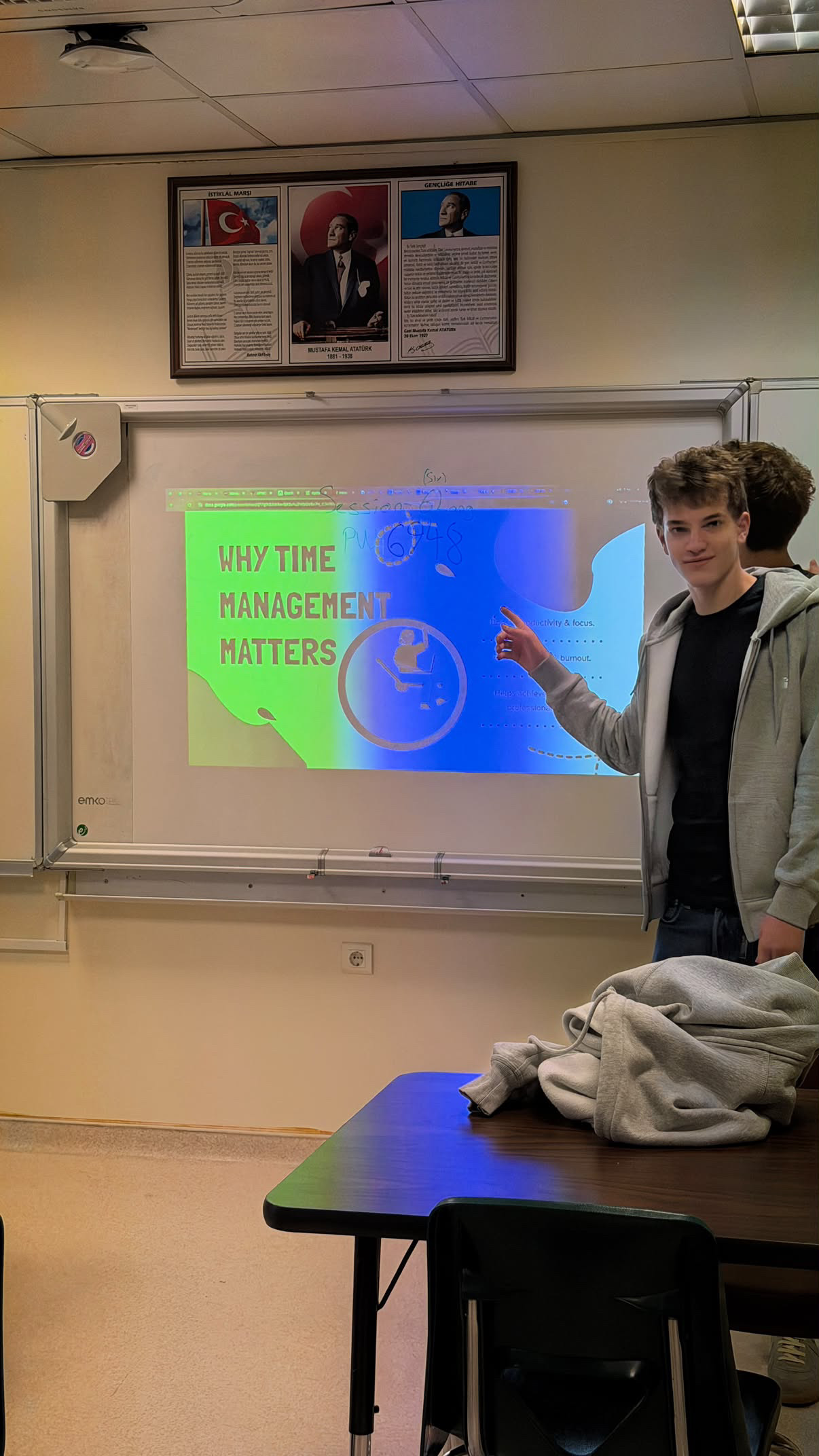 A student presenter discussing why time management matters.